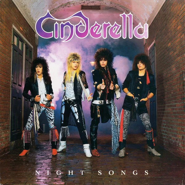 Cinderella's debut album artwork the mid-1980s, four band members in characteristic glam metal attire