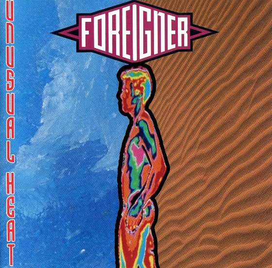 Cover artwork of Foreigner's 1991 album Unusual Heat, featuring abstract flame imagery and the band logo
